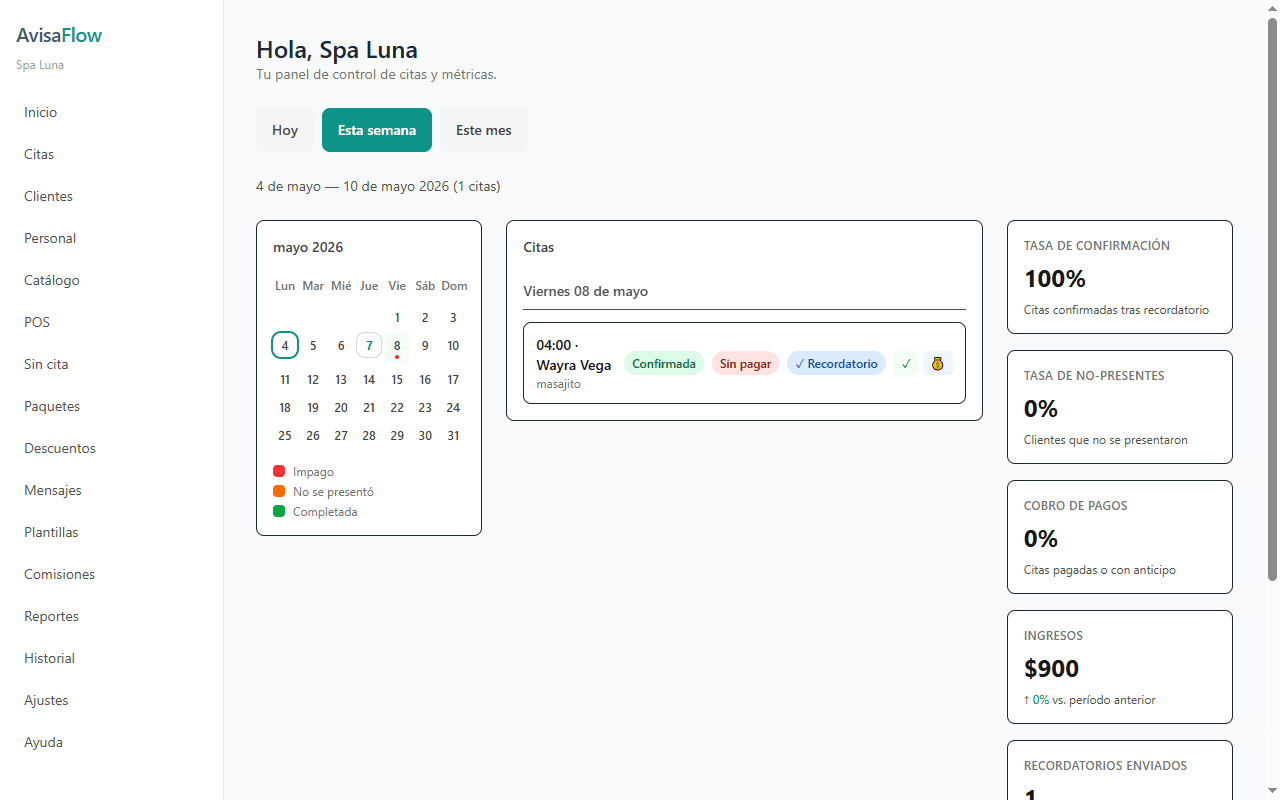 AvisaFlow dashboard with calendar, appointments, and metrics